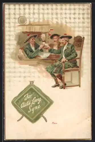 Lithographie For Auld Lang Syne, Herrenrunde im Pub, Schottenröcke