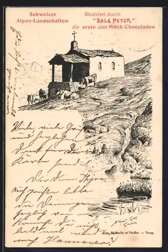 Künstler-AK Kapelle und Kühe in den Schweizer Bergen, Gala Peter Milch-Chocolade