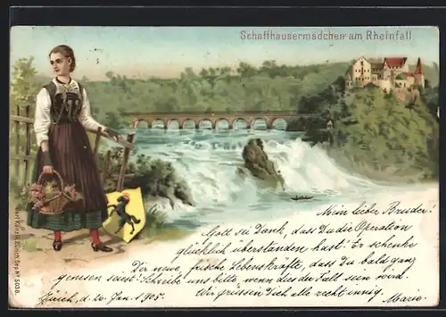Lithographie Rheinfall, Schaffhausermädchen mit Korb und Wappen