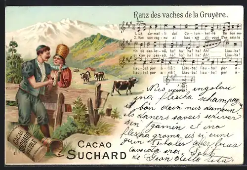 AK Paar in Tracht vor Bergpanorama, Liedtext Ranz des vaches de la Gruyère, Reklame für Cacao Suchard