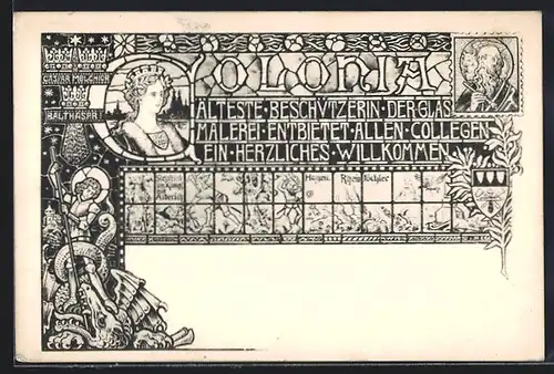 AK Colonia, Beschützerin der Glasmalerei, Wappen, Heiligenbild, Siegfried im Kampf mit Alberich und Drachen, Jugendstil