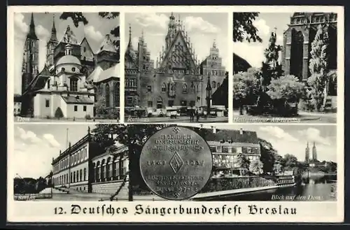 AK Breslau, Heiligenfigur, Rathaus, Dom, Schloss, Uferanlagen, 12. Deutsches Sängerbundesfest