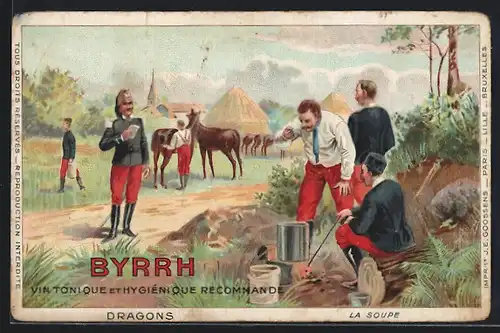 Künstler-AK Reklame für Vin Tonique Byrrh, Kavallerie bei einer Rast