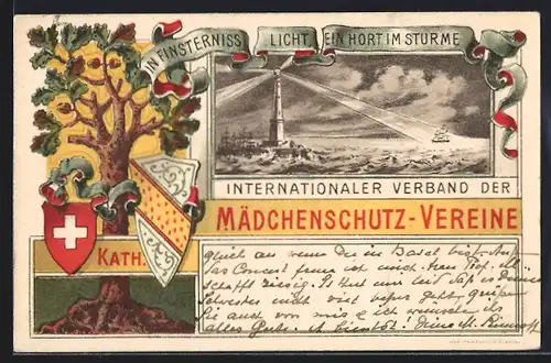 Lithographie Internationaler Verband der kath. Mädchenschutz-Vereine, Leuchtturm, Wappen der Schweiz, Eiche