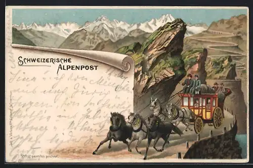 Künstler-AK Postkutsche auf rasanter Fahrt entlang einer Serpentine