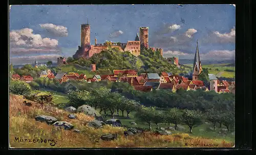 Künstler-AK Münzenberg, Teilansicht mit Kirche und Burg