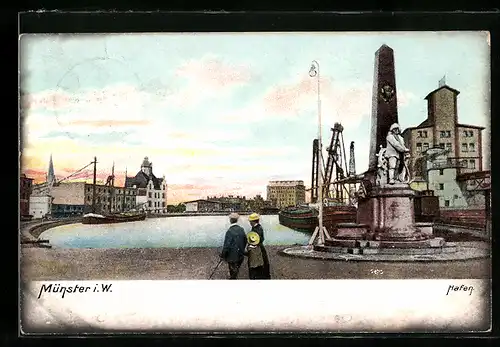 AK Münster, Hafenpartie am Denkmal