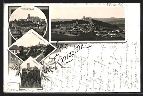 Lithographie Königstein, Ruine Königstein und Evangelische Kirche, Frankfurter Strasse, Burgruine
