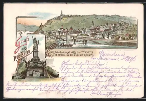 Lithographie Rüdesheim, Panoramablick auf den Ort, Nationaldenkmal auf dem Niederwald