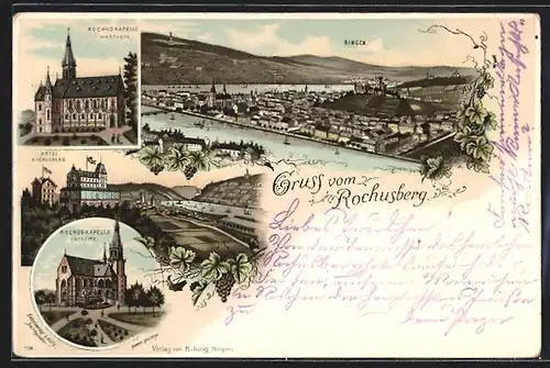 Lithographie Bingen, Hotel Rochusberg, Rochuskapelle Ostseite, Teilansicht