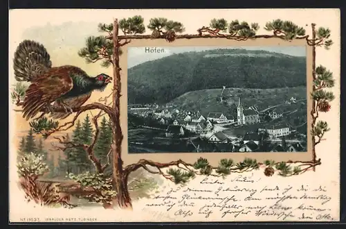 Passepartout-Lithographie Höfen, Ortsansicht aus der Vogelschau, Auerhahn