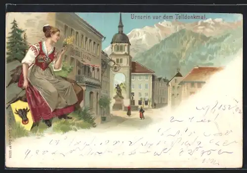 Lithographie Altdorf, Urnerin vor dem Telldenkmal