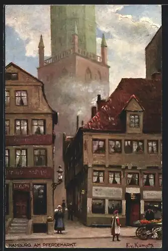 AK Hamburg, Häuser am Pferdemarkt, Jakobikirche im Hintergrund