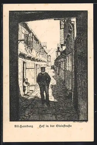 Künstler-AK Alt-Hamburg, Hof in der Steinstrasse