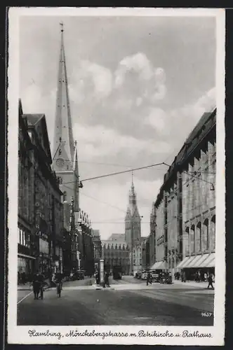 AK Hamburg, Mönckebergstrasse mit Petrikirche und Rathaus