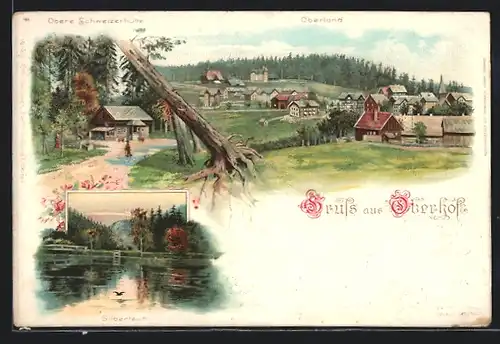 Lithographie Oberhof, Ortsansicht, Silberteich, Obere Schweizerhütte