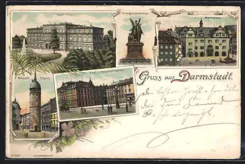 Lithographie Darmstadt, Weisser Thurm, Post u. Alexanderpalais, Kriegerdenkmal