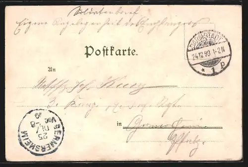 Lithographie Darmstadt, Weisser Thurm, Post u. Alexanderpalais, Kriegerdenkmal