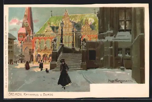 Lithographie Bremen, Rathaus und Börse