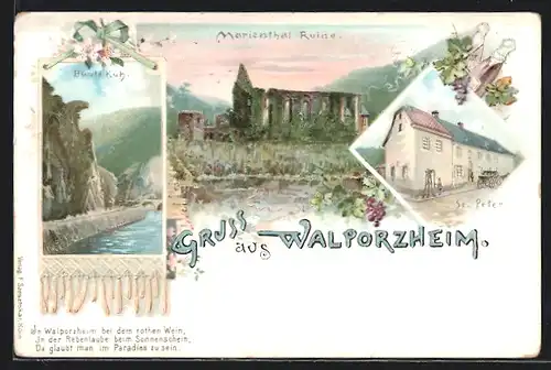 Lithographie Walporzheim, Marienthal Ruine, St. Peter, Bunte Kuh