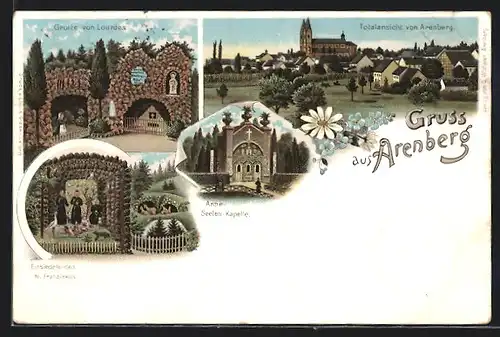 Lithographie Arenberg, Grotte von Lourdes, Totalansicht, Einsiedelei des hl. Franziskus
