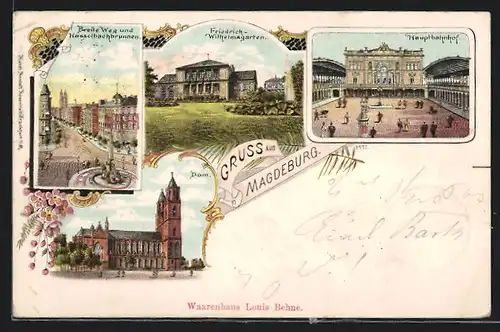 Lithographie Magdeburg, Breite Weg und Hasselbachbrunnen, Friedrich- Wihelmsgarten, Hauptbahnhof