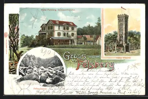 Lithographie Felsberg, Hotel Felsberg, Ohly Thurm