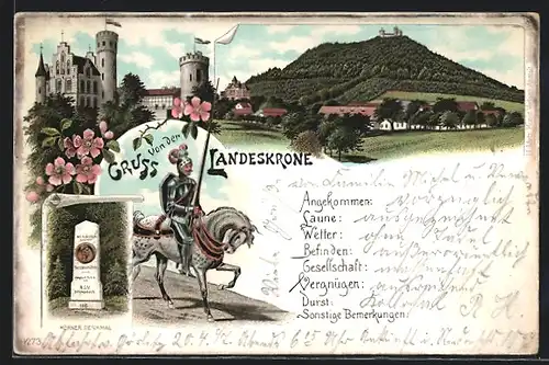 Lithographie Görlitz, Gasthaus Landeskrone, Körner Denkmal