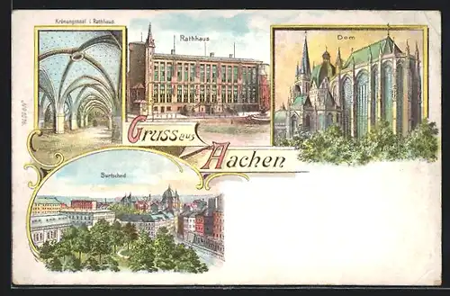 Lithographie Aachen, Krönungssaal im Rathaus, Dom, Burtscheid
