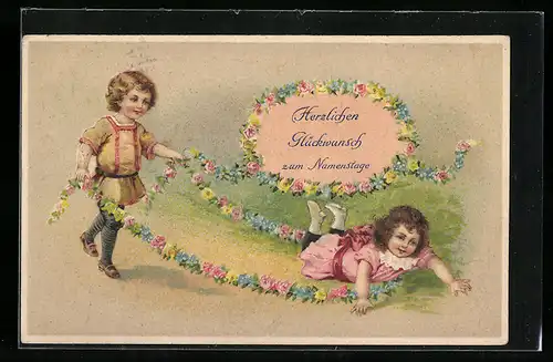 AK Kinder spielen mit Blumenkränzen, Namenstag