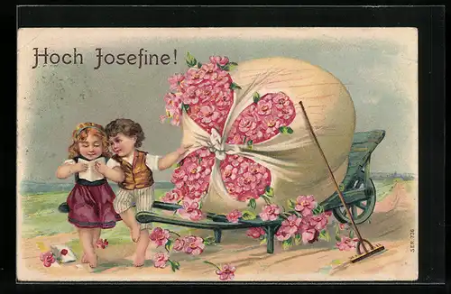 Lithographie Kinder mit einem Sack voller Blüten gratulieren zum Namenstag, Hoch Josefine!