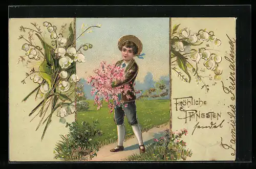 AK Junge mit Blumen zum Pfingsten