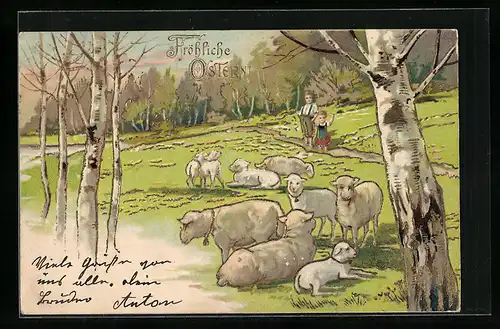 AK Schafherde wird von Kindern beobachtet, Ostern
