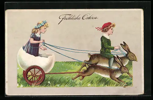 AK Osterhasen ziehen eine Eierschalen-Kutsche
