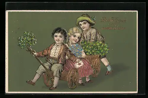 AK Neujahr, Kinder auf einem Karren mit Kleeblättern
