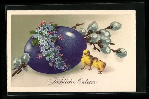 AK Osterküken neben einem Ei mit Vergissmeinnicht