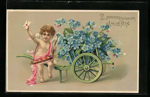 AK Amor mit Liebesbrief und Vergissmeinnicht