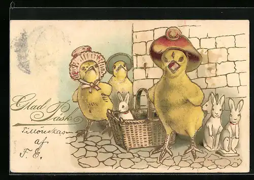 AK Küken mit kleinen Osterhase-Figuren