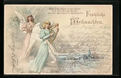 AK Weihnachtsengel mit Instrumenten und Dorf-Idyll, Pfingsten