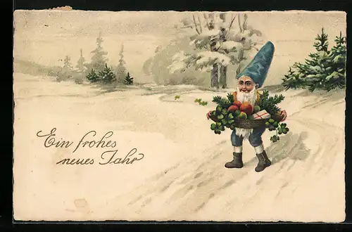 AK Bepackter Zwerg im Schnee mit Geschenken