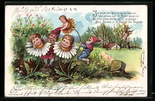 AK Zwerge spielen mit Blüten