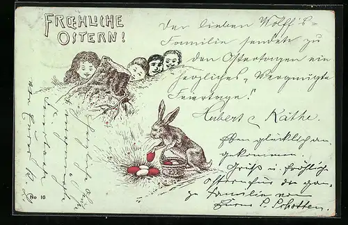AK Osterhase sammelt bemalte Ostereier ein