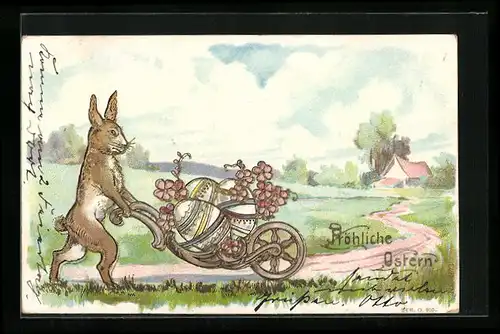 AK Osterhase schiebt Ostereikarren