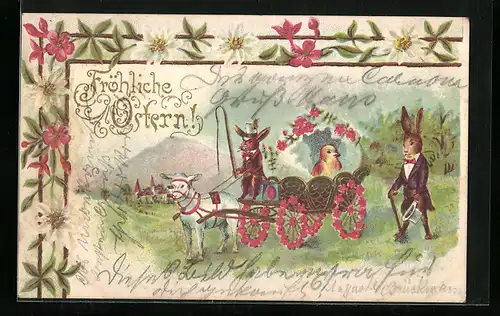 AK Osterhase in der Kutsche mit Küken