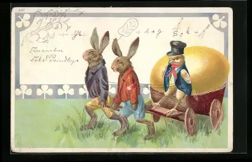 AK Osterhasen ziehen Ostereikarren