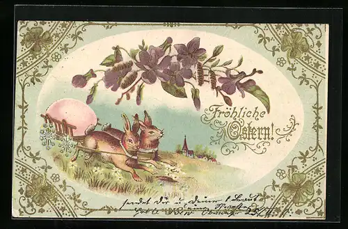 AK Osterhasen ziehen eine Ostereikarre