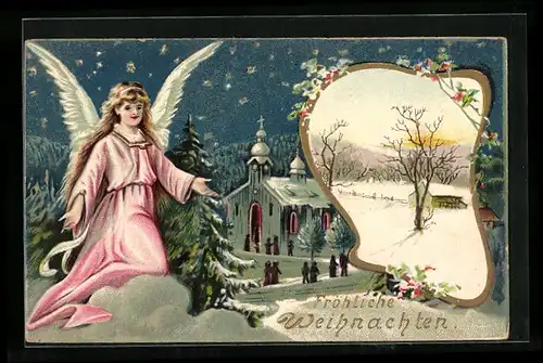 AK Weihnachtsengel in verschneiter Landschaft