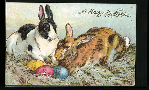 AK Zwei Osterhasen mit Ostereiern