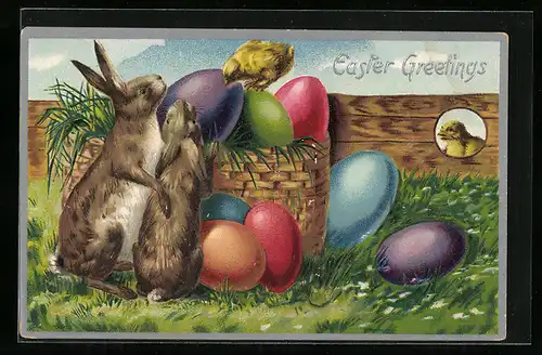 AK Zwei Osterhasen mit Osterküken und Ostereikorb