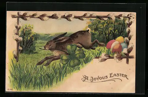 AK Osterhase mit Kleeblatt und Ostereiern
